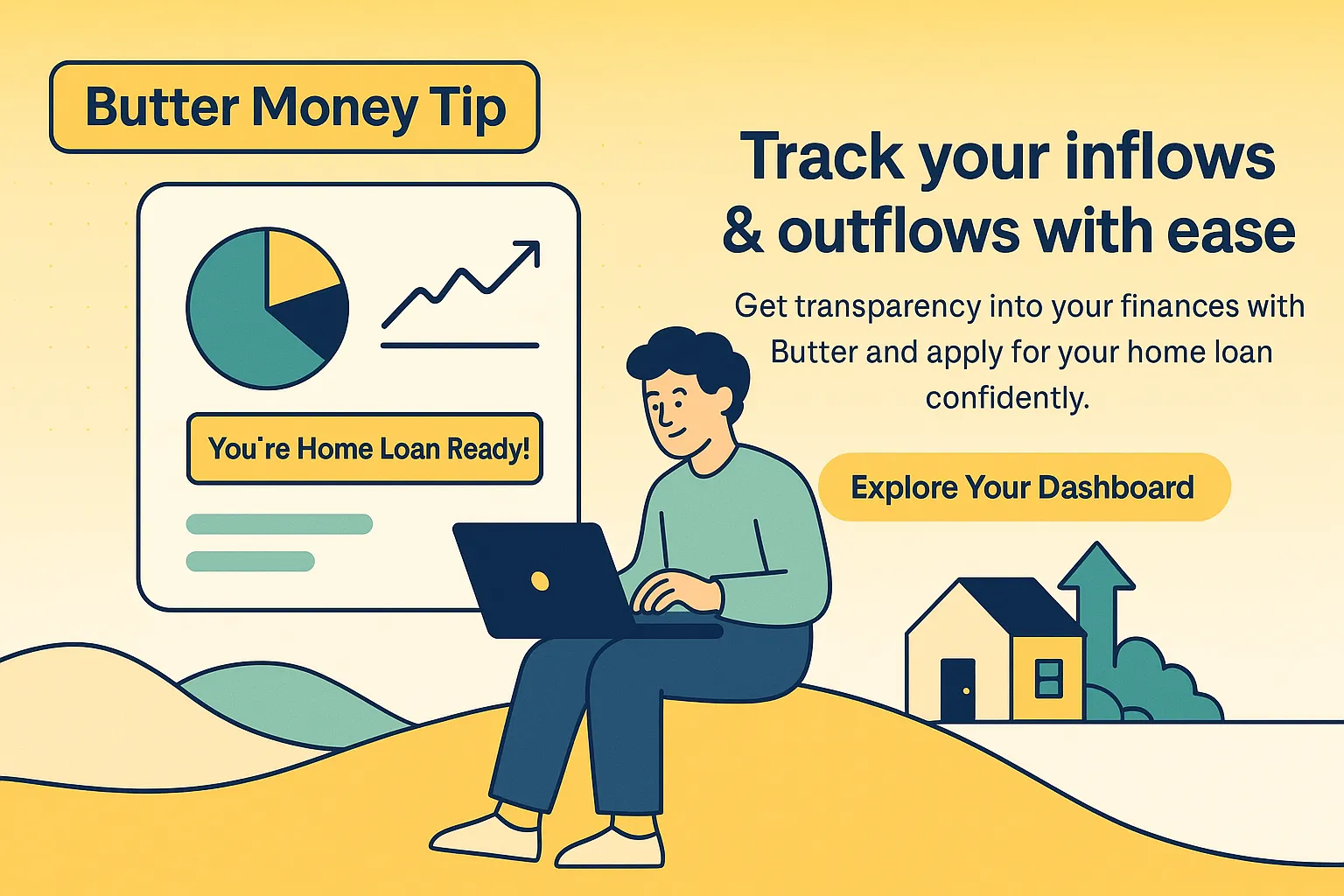 An illustration of a person confidently using a laptop with financial charts and a house icon, indicating being Home loan ready