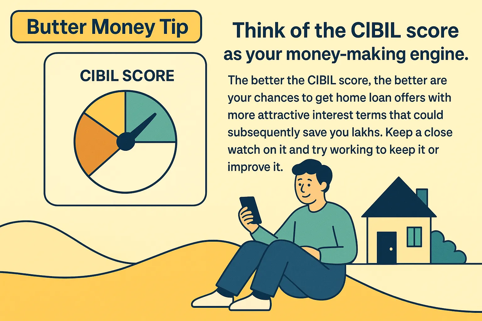 Butter Money Tip infographic which shows a person checking their phone next to a house and a CIBIL score dial