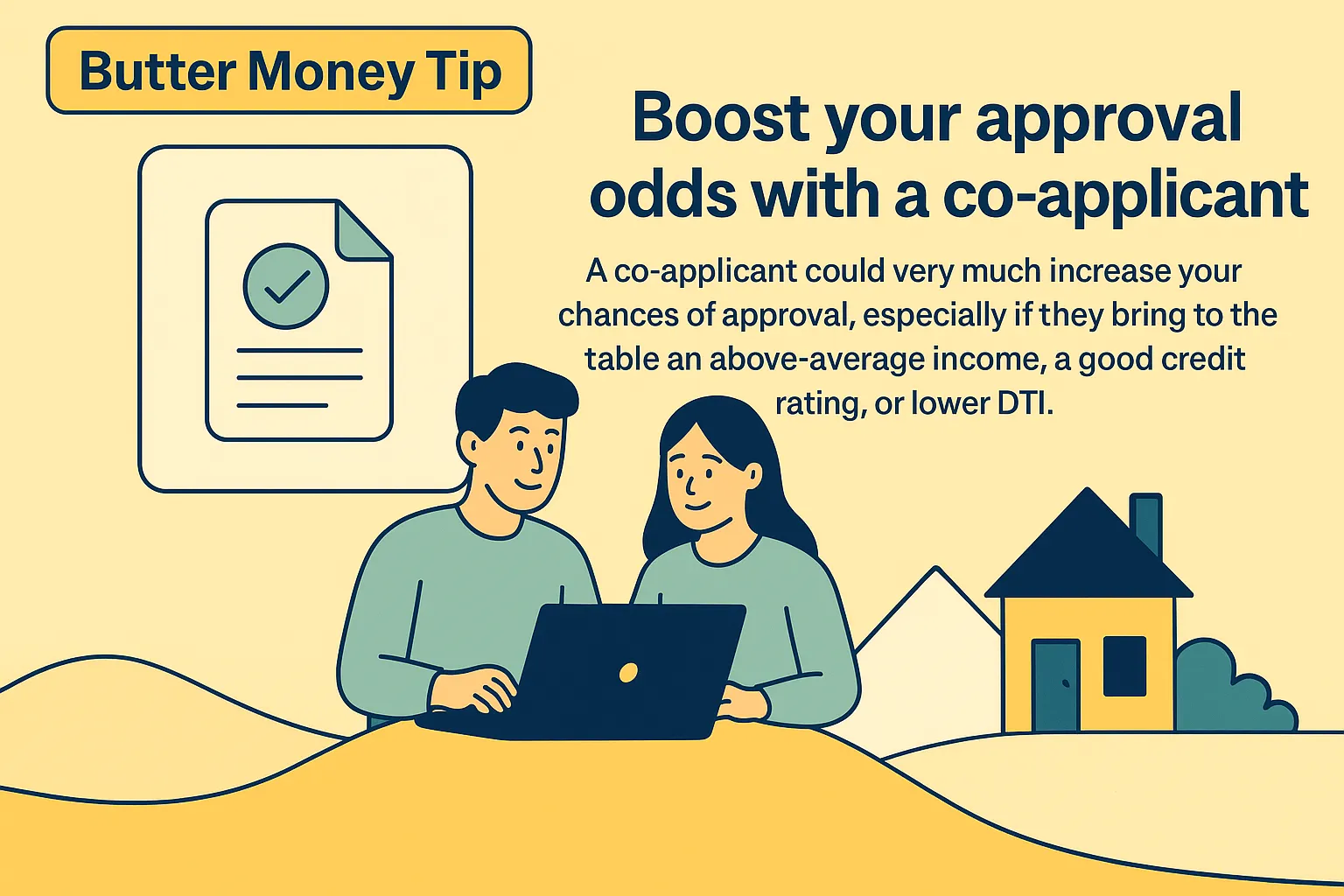 Butter Money Tip infographic to boost home loan approval odds with a co-applicant. The image shows a couple on a laptop, a house, and a document with a checkmark