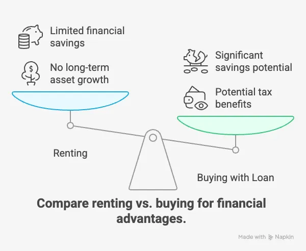 Renting vs buying comparison chart showing tax savings with home loans